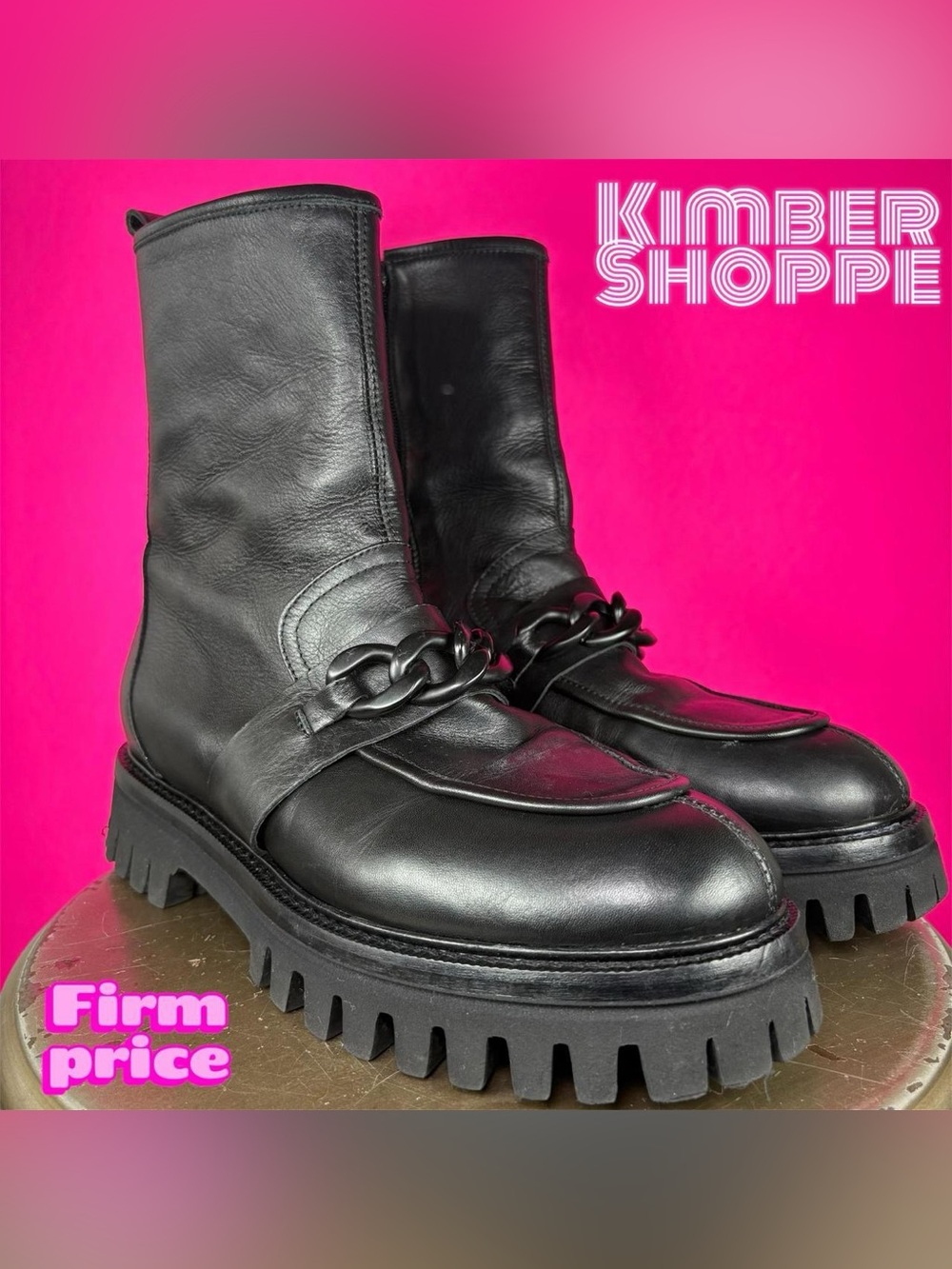 Black Leather Chainlink Detail Chunky Lug Sole Boot US 9 UK 7